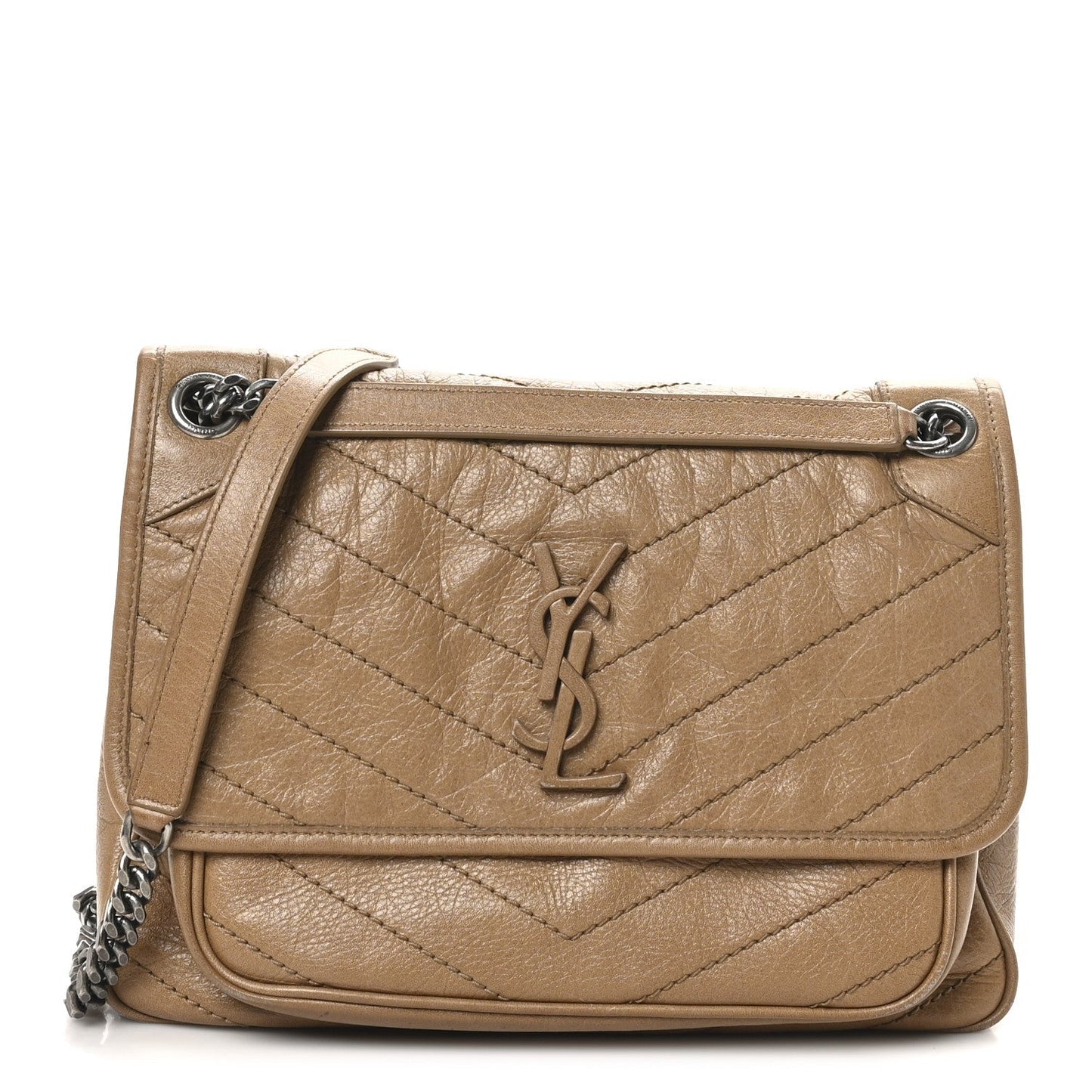 Crinkled Calfskin Matelasse Monogram Medium Niki Chain Satchel Caramel