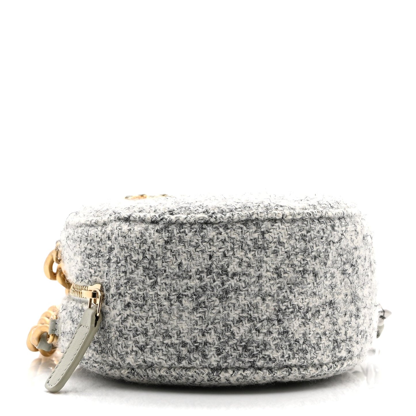 Wool Tweed Lambskin Quilted Chanel 19 Round Clutch With Chain Grey Ecru