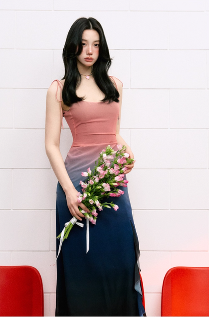 Design suspender dress high waist summer waist slimming gradient irregular long skirt R3328