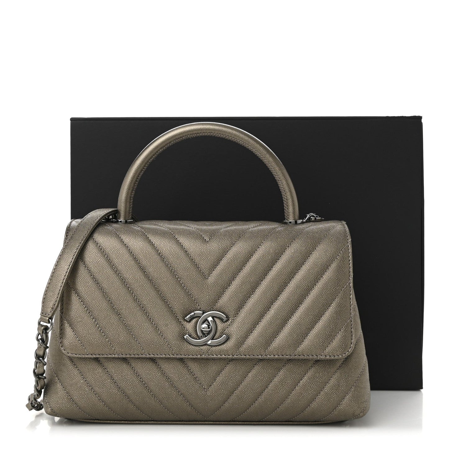 Metallic Caviar Chevron Quilted Small Coco Handle Flap Light Gold