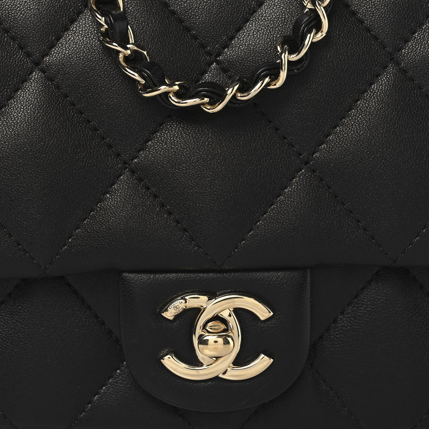 Lambskin Quilted Resin Pearl Chain Top Handle Flap Black