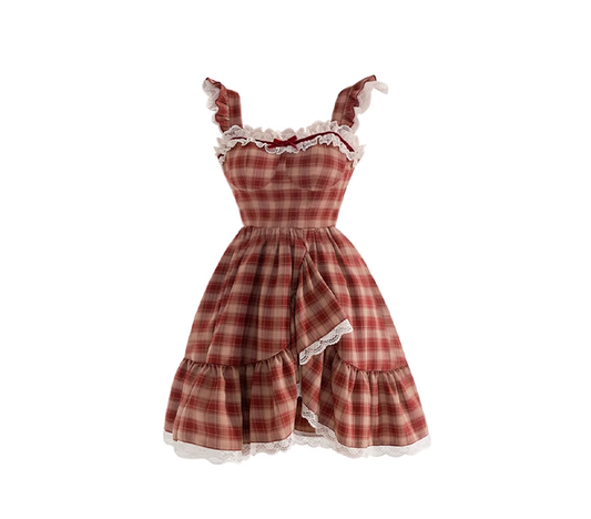 Lace dress short red princess dress retro plaid suspender skirt French tea break puffy skirt R0093