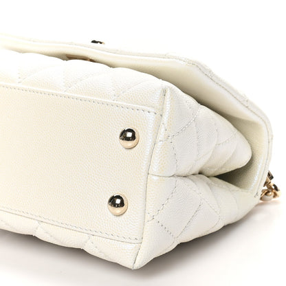 Iridescent Caviar Quilted Extra Mini Coco Handle Flap White