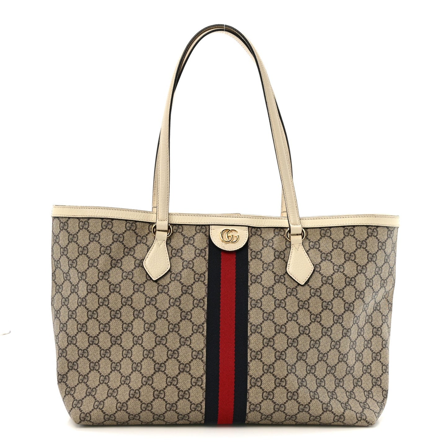 GG Supreme Monogram Textured Dollar Calfskin Web Medium Ophidia Shopping Tote Beige Ebony Mystic White