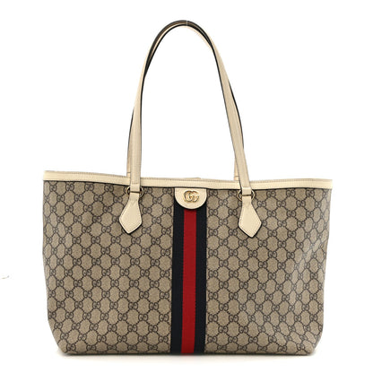 GG Supreme Monogram Textured Dollar Calfskin Web Medium Ophidia Shopping Tote Beige Ebony Mystic White