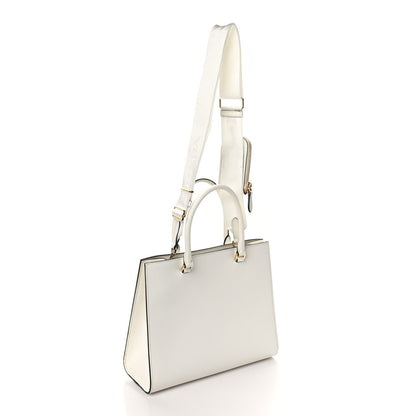 Saffiano Lux Logo Embossed Medium Shoulder Tote Handbag White