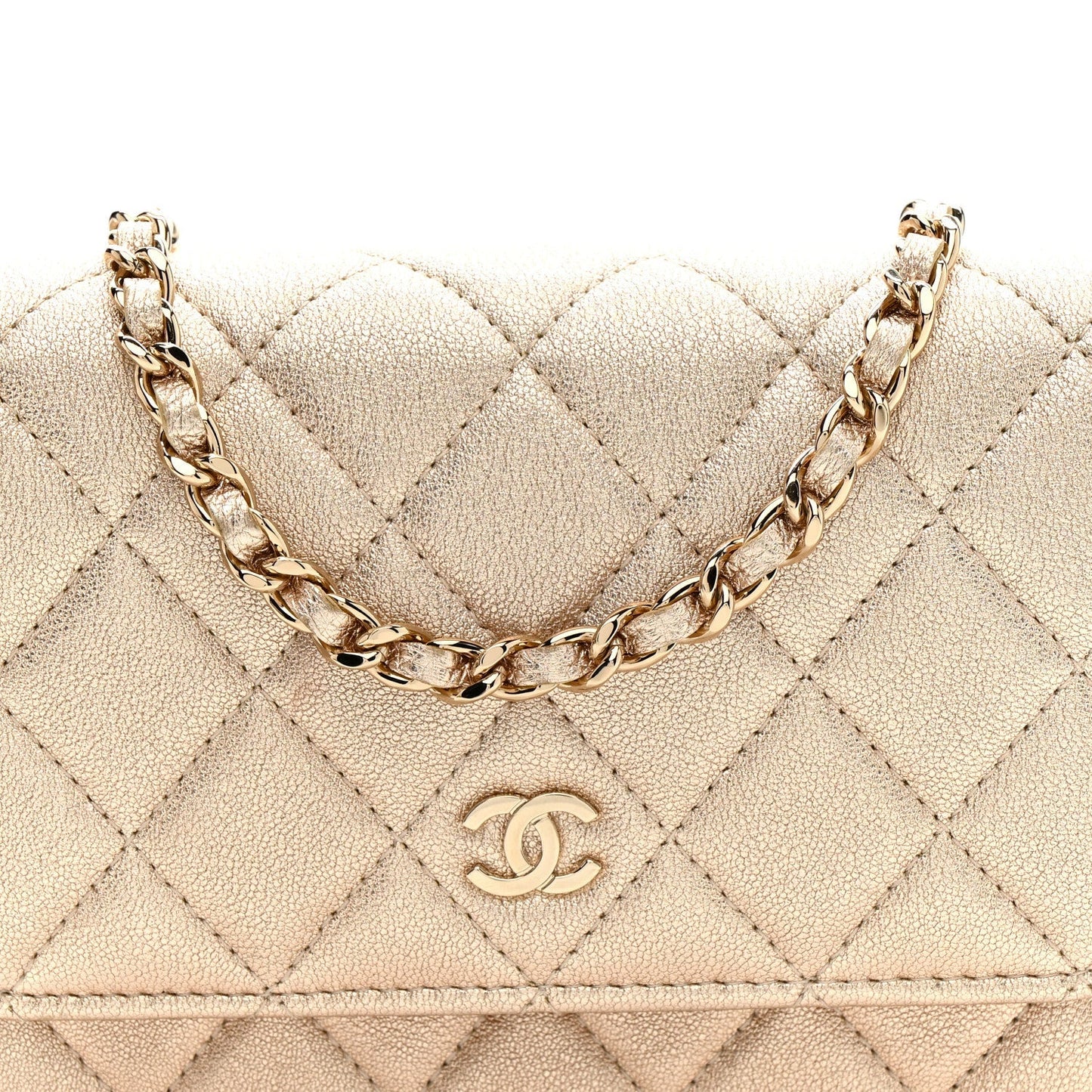Metallic Lambskin Quilted Mini Wallet On Chain WOC Gold