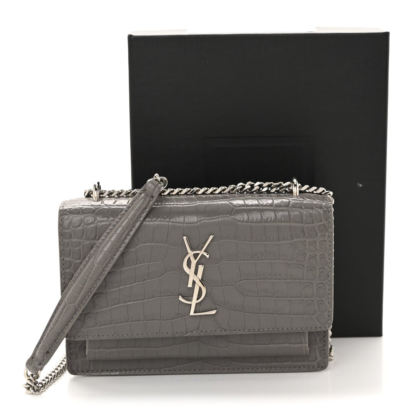 Calfskin Crocodile Embossed Monogram Sunset Chain Wallet Fog