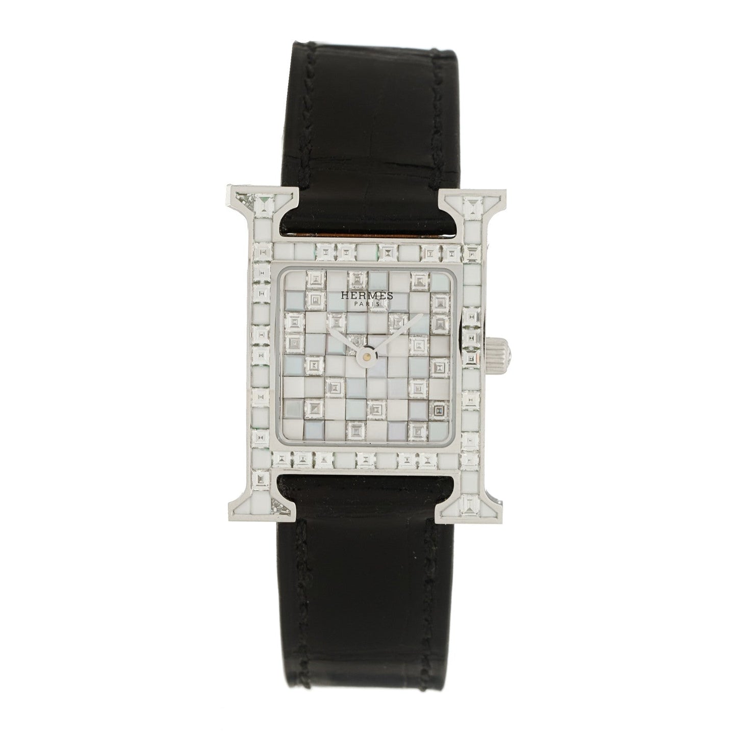 18K White Gold Alligator Diamond 21mm Heure H Hour Mosaique Joailliere Quartz Watch Noir