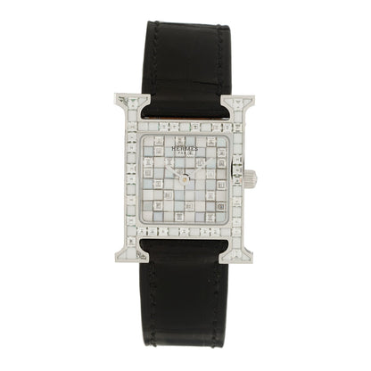 18K White Gold Alligator Diamond 21mm Heure H Hour Mosaique Joailliere Quartz Watch Noir