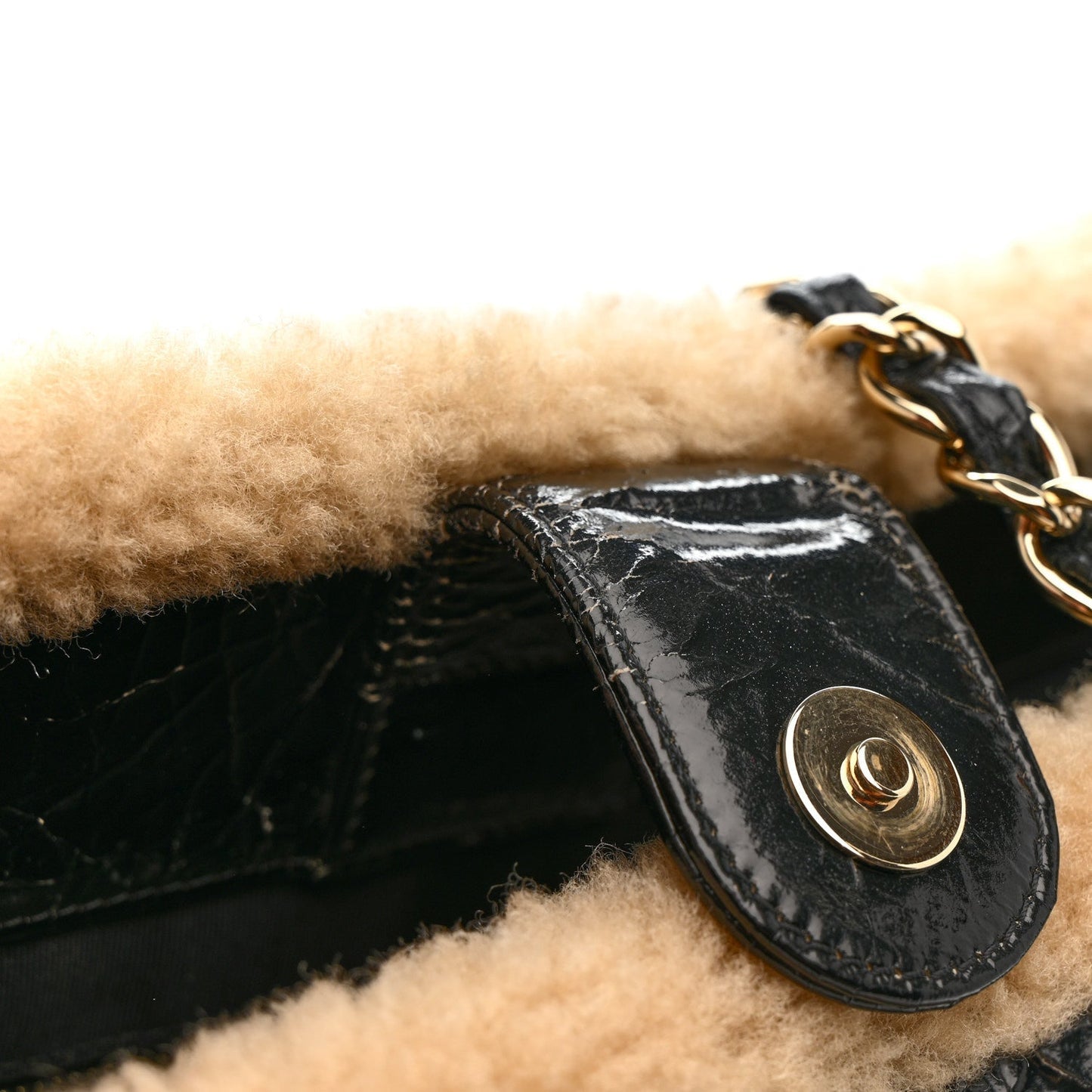 Shiny Crumpled Sheepskin Shearling CC Mania Tote Bag Black Beige