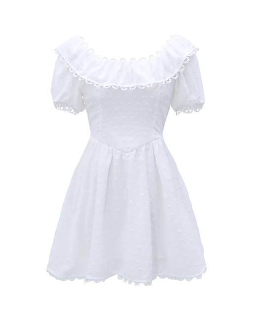 2025 new white short skirt women's French square neck puff sleeve dress waist slimming R0119
