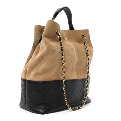 Suede Shiny Lambskin Quilted Large Shopping Bag Beige Black