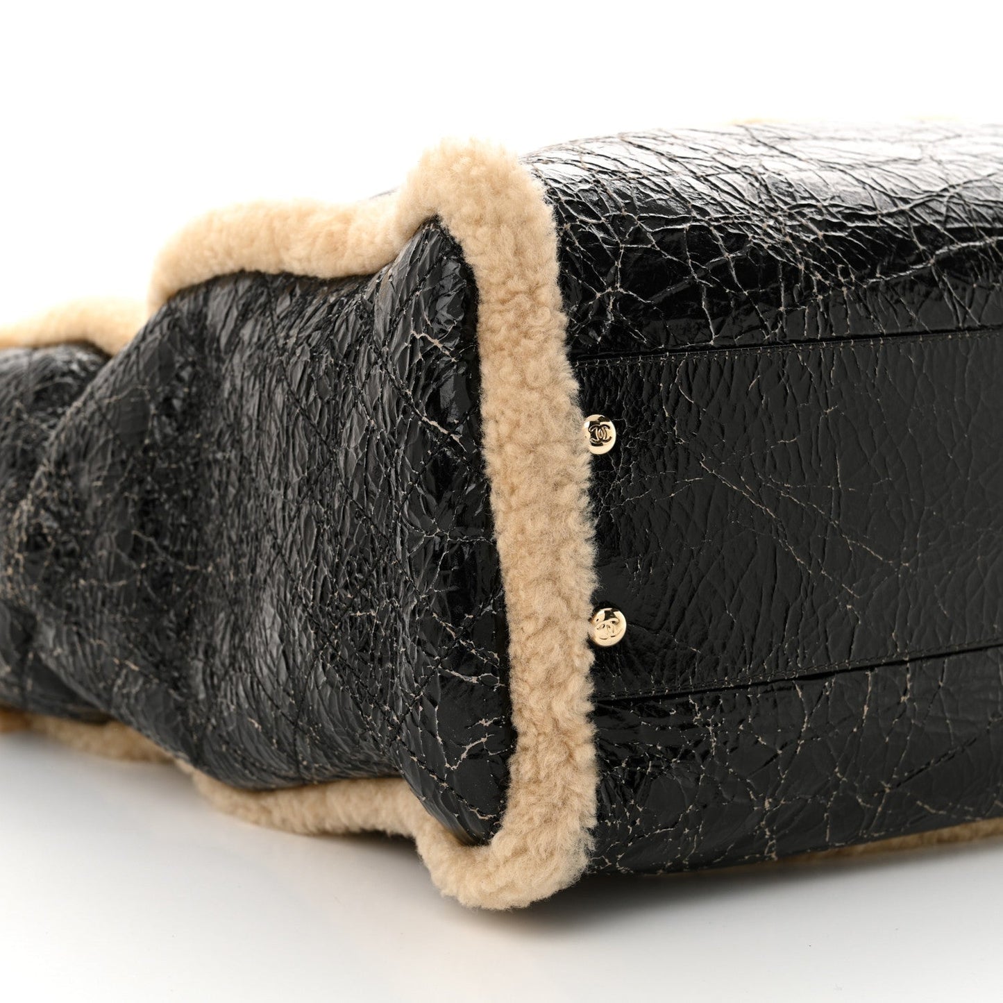Shiny Crumpled Sheepskin Shearling CC Mania Tote Bag Black Beige