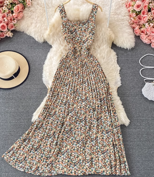 2025 new French floral dress sweet fairy suspender long skirt holiday knee-length pleated dress R0376
