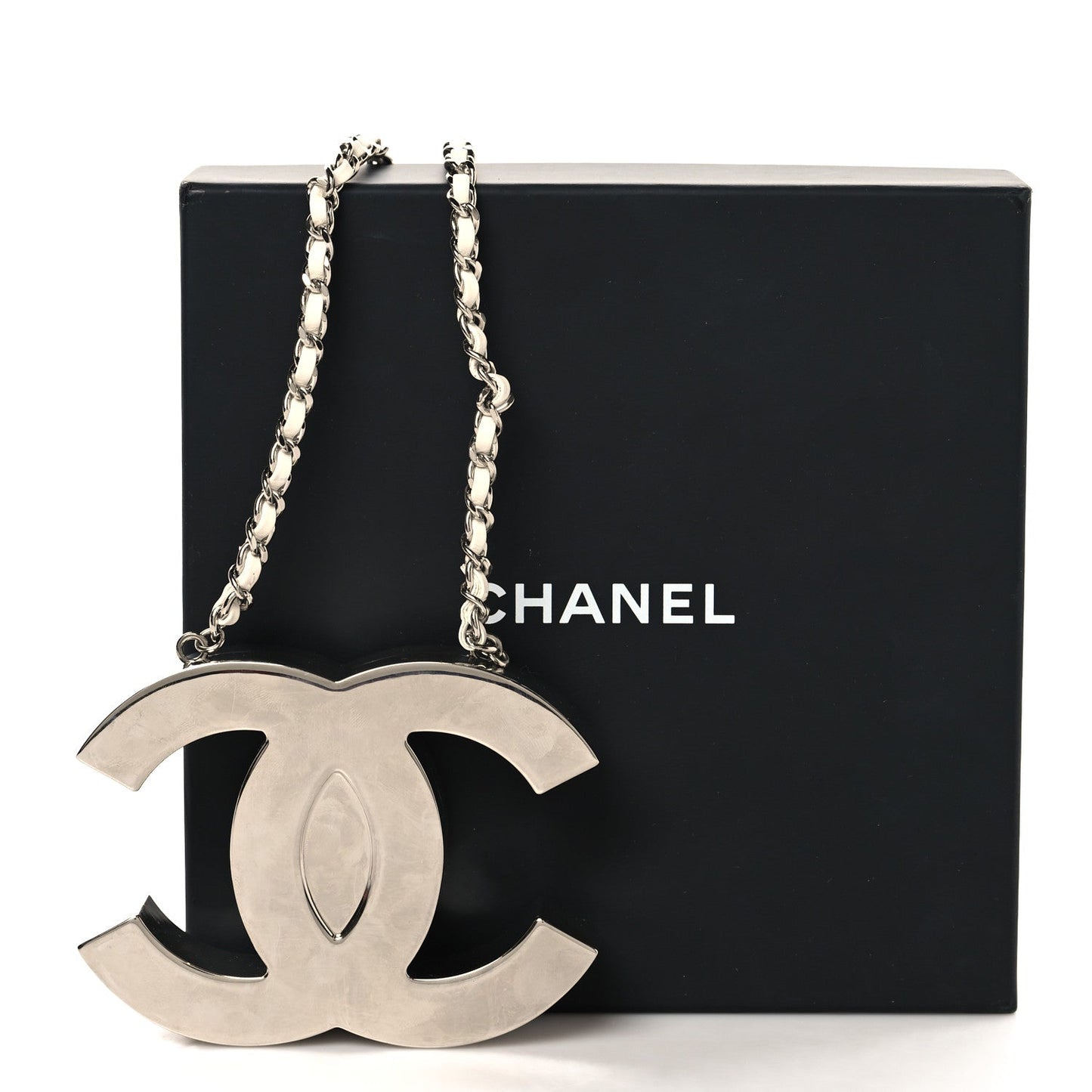 Metal Lambskin CC Mirror Crossbody Necklace Silver White