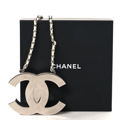 Metal Lambskin CC Mirror Crossbody Necklace Silver White
