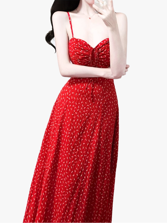 2025 summer new red floral temperament slim medium-length suspender dress R0924