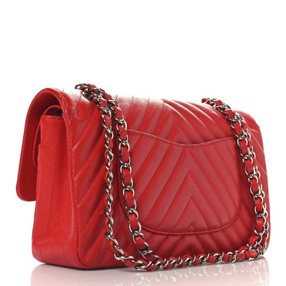 Caviar Chevron Quilted Medium Double Flap Red