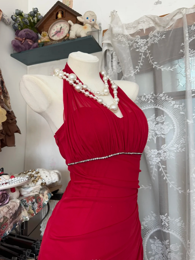 Charming Halter Red Chiffon Beaded Evening Dress Long Mermaid Party Gown