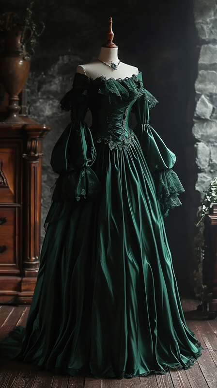 Green off-shoulder fitted waist slimming elegant classic ball gown R7203