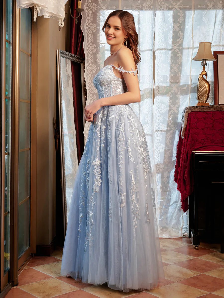 A-shaped princess sweetheart applique chiffon long ball dress