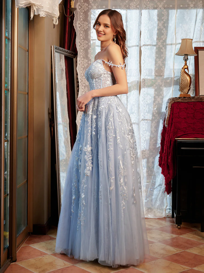 A-shaped princess sweetheart applique chiffon long ball dress