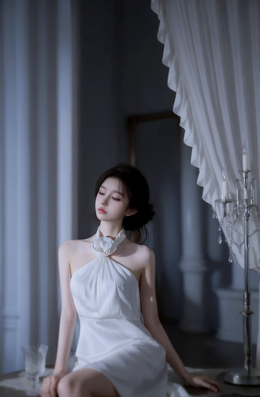 White halter-neck, fitted waist, backless sexy ball gown R7530