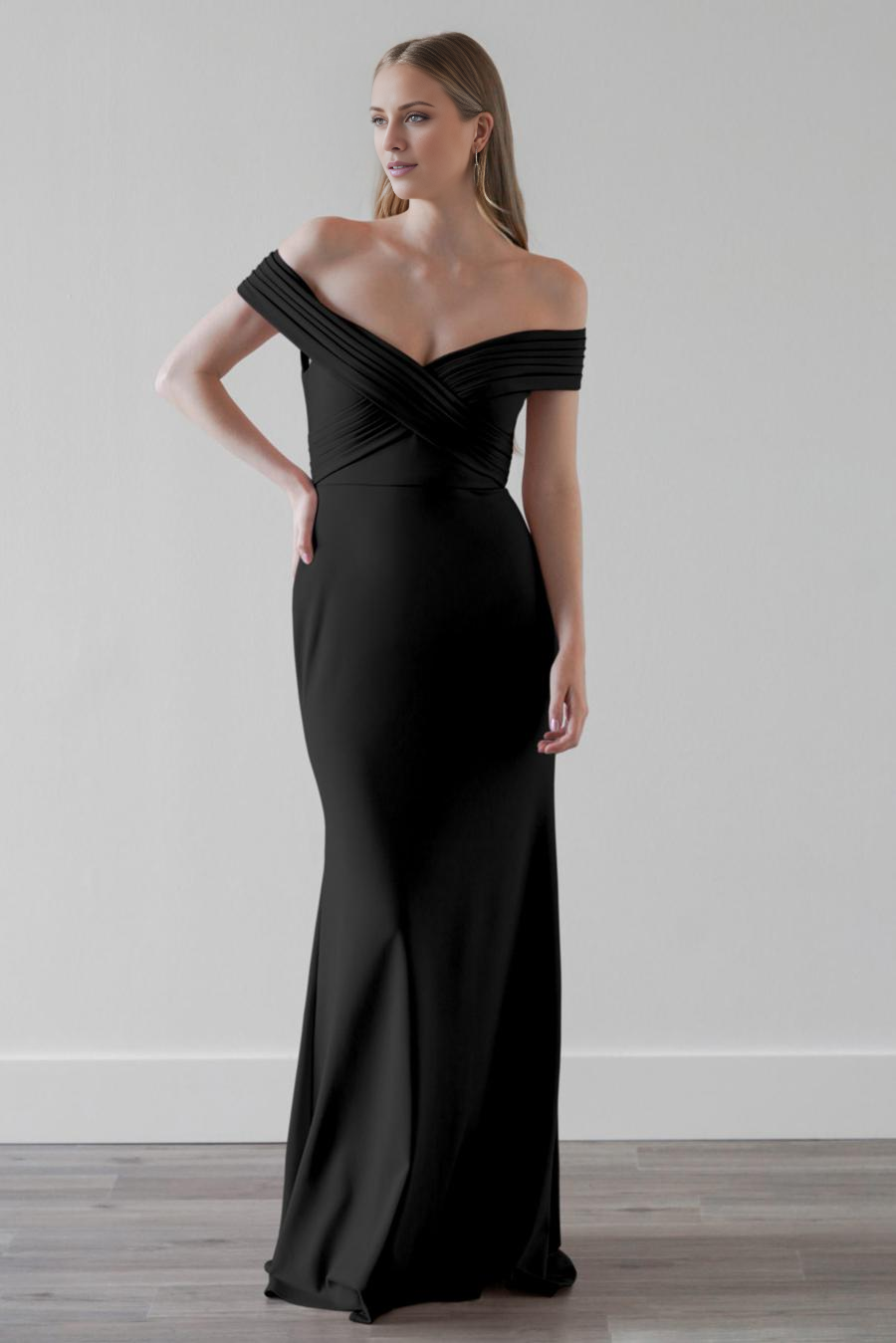 off shoulder collar pleated backless and floor length evening dress