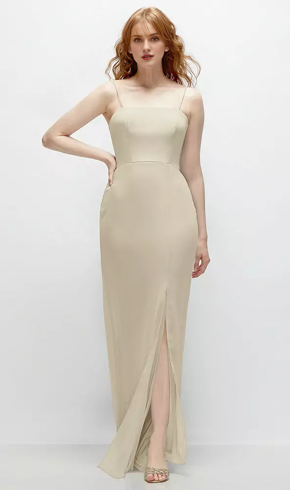 Front slit back strap hollow horn and floor length Prom dress