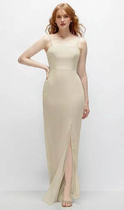 Front slit back strap hollow horn and floor length Prom dress