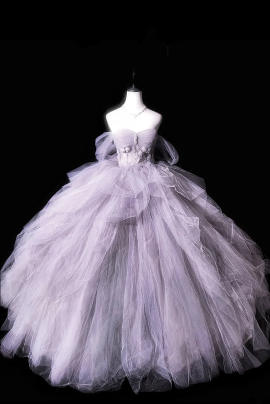 Light gray strapless, fitted waist, full skirt, long ball gown R8678