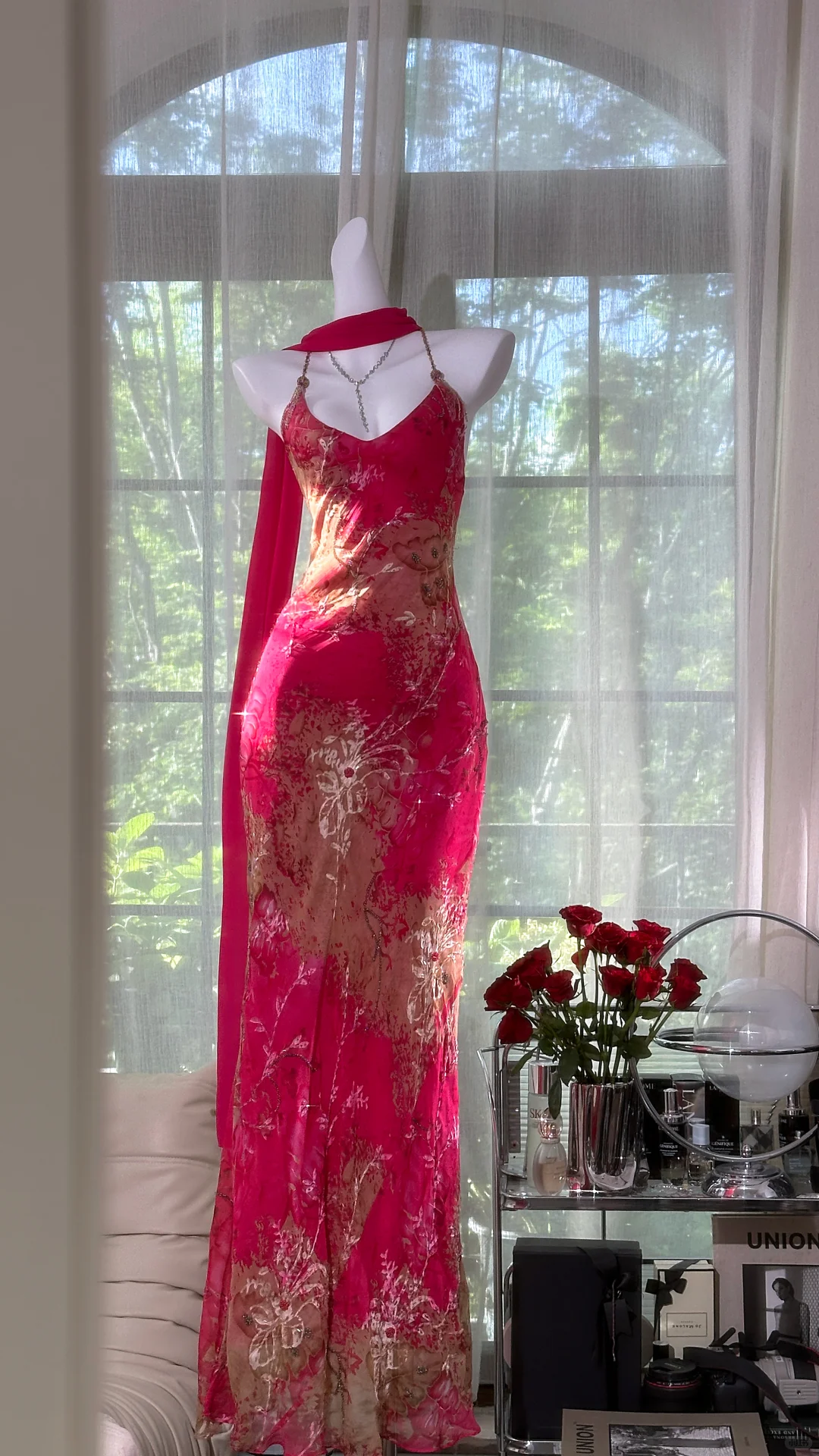 Pretty Spaghetti Straps Red Chiffon Printed Floral Beaded Mermaid Evening Dress Long Prom Gown