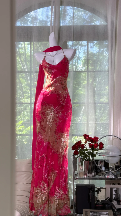 Pretty Spaghetti Straps Red Chiffon Printed Floral Beaded Mermaid Evening Dress Long Prom Gown
