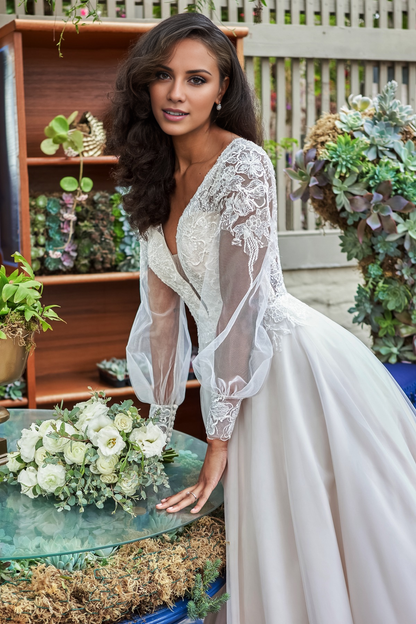 A-line V-neck embroidered lace chiffon and floor length wedding dress