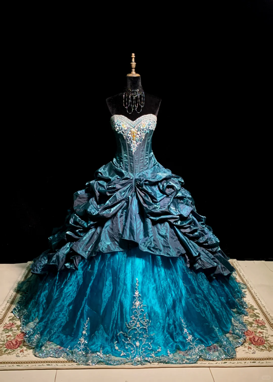 Green strapless fitted waist long ball gown with a full skirt, elegant ball dress R8674