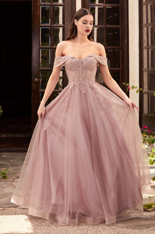 Lace applique short sleeved long off shoulder dress
