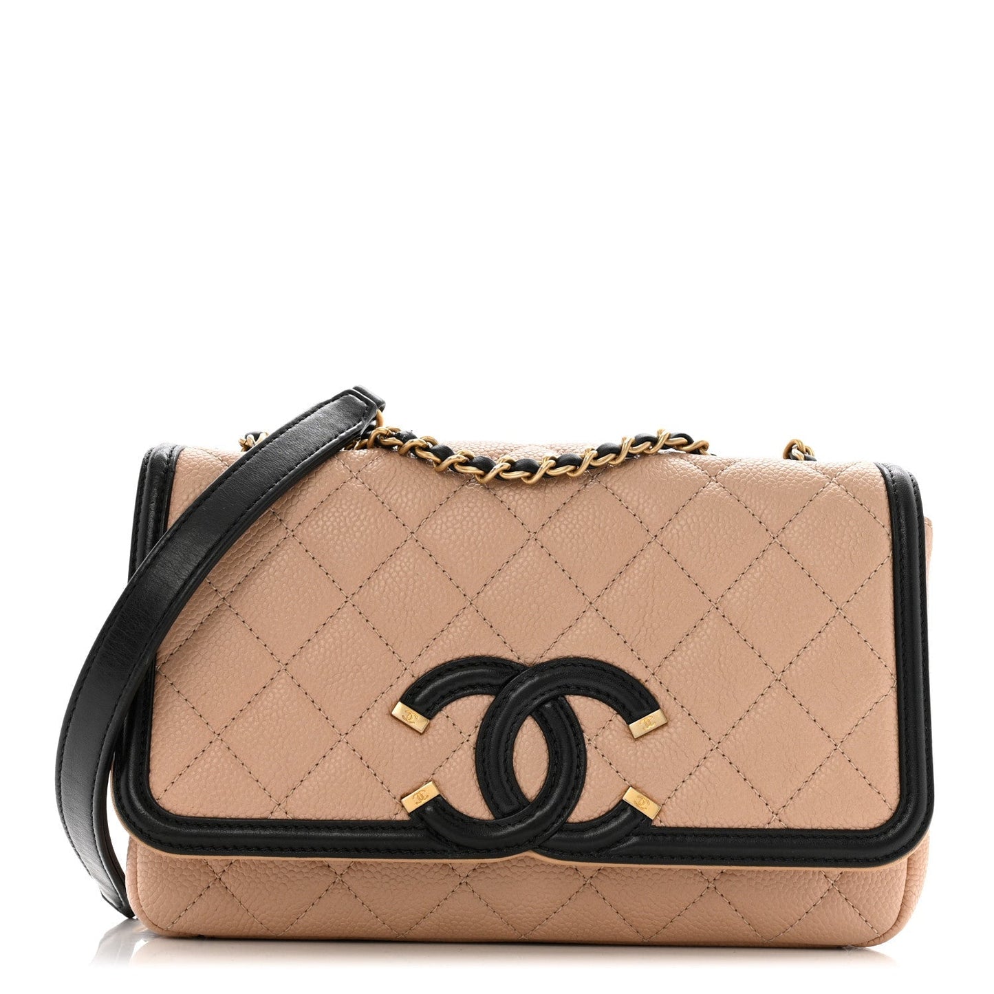 Caviar Quilted Small CC Filigree Flap Beige Black