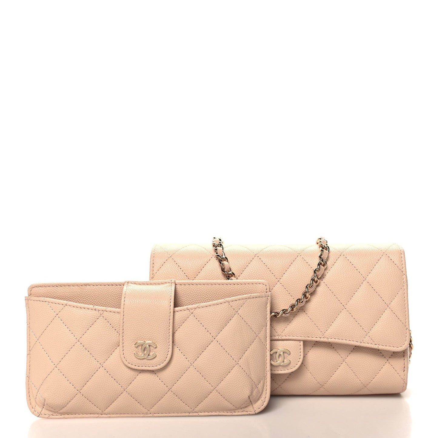 Caviar Quilted Phone Holder Wallet on Removable Chain Light Beige