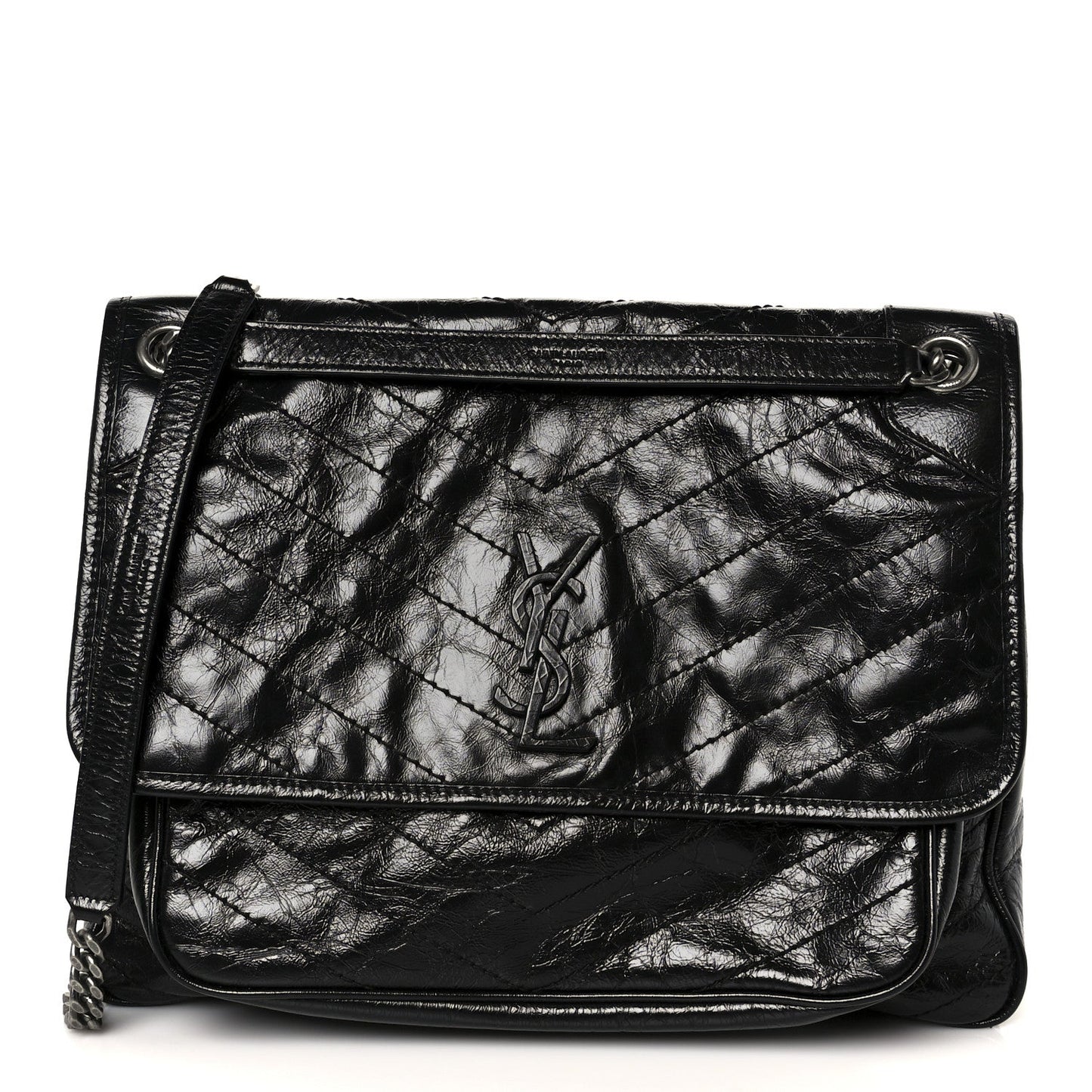 Crinkled Calfskin Matelasse Monogram Large Niki Chain Satchel Black