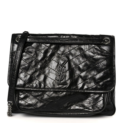 Crinkled Calfskin Matelasse Monogram Large Niki Chain Satchel Black