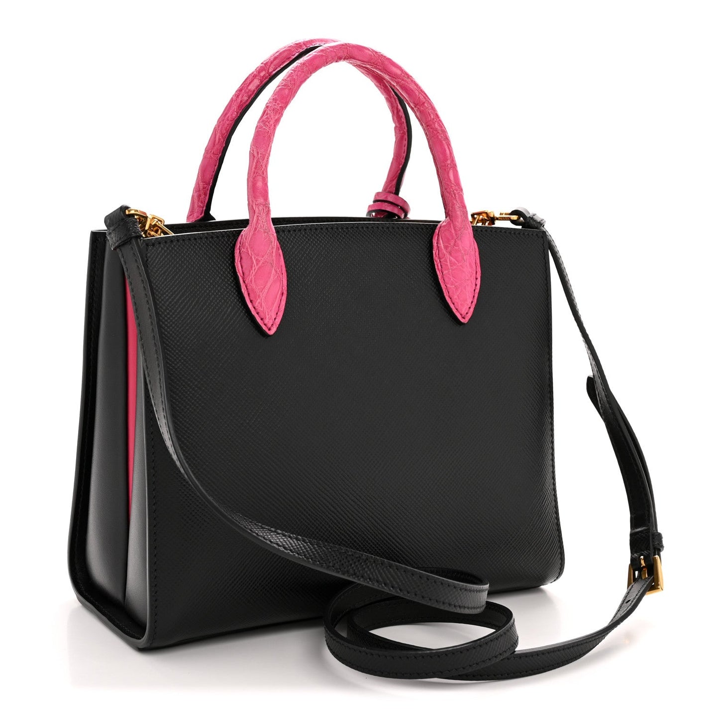 Saffiano Cuir Crocodile Mini Double Bag Black Magenta