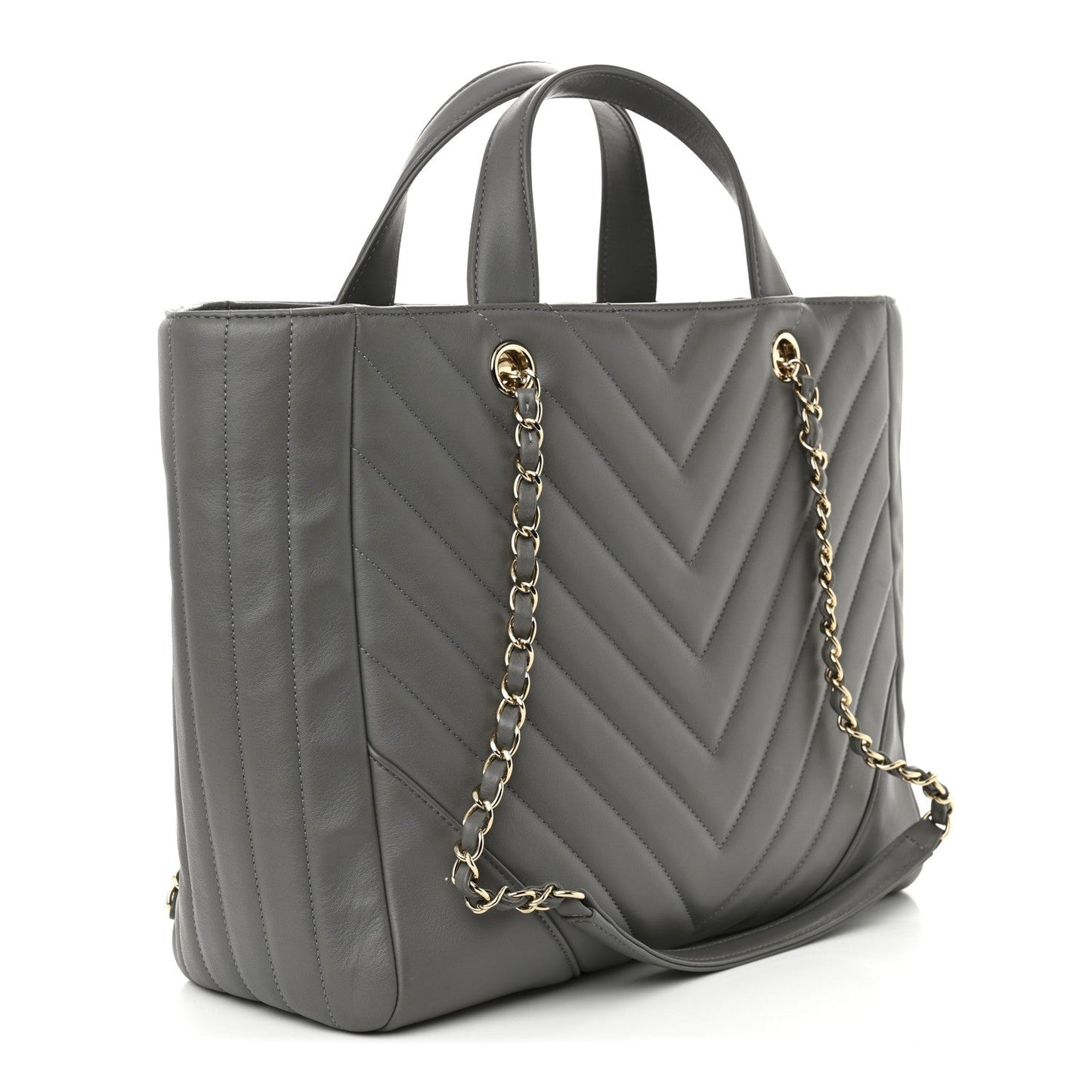 Calfskin Chevron Quilted Statement Shopping Tote Grey