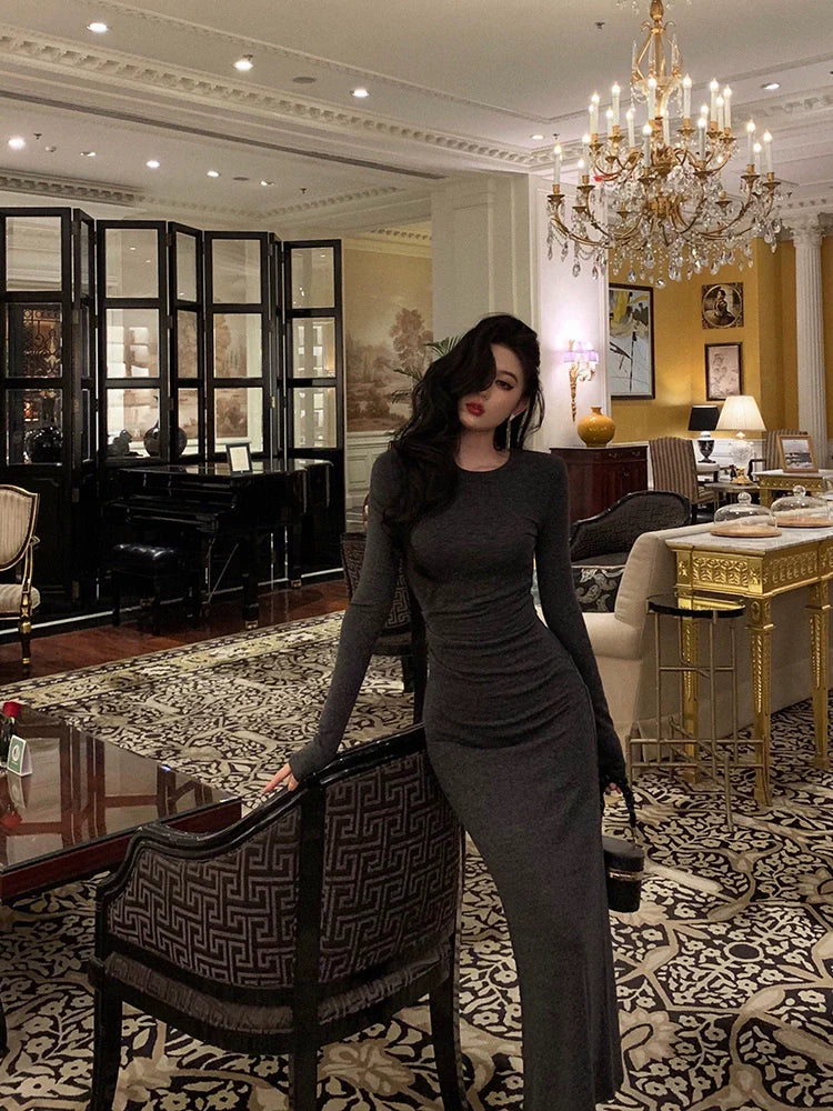 Gray long-sleeved dress for women new pleated  long party dress     S5689