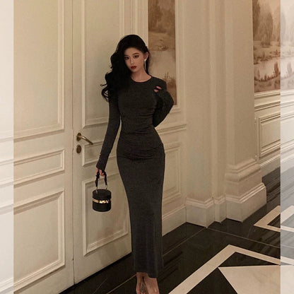 Gray long-sleeved dress for women new pleated  long party dress     S5689