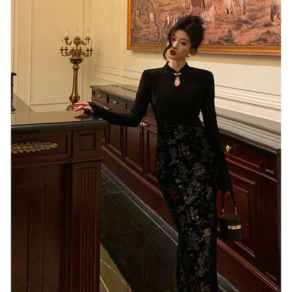 Velvet embroidered cheongsam dress for women new style national style party dress     S5694