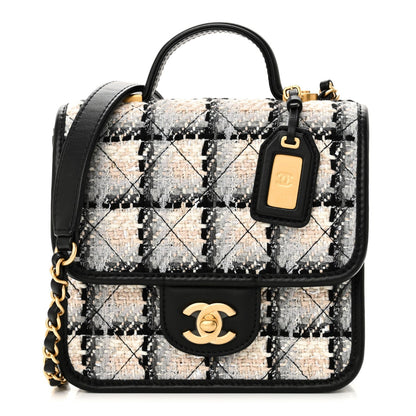 Tweed Calfskin School Memory Mini Top Handle Flap Ecru Grey Beige Black