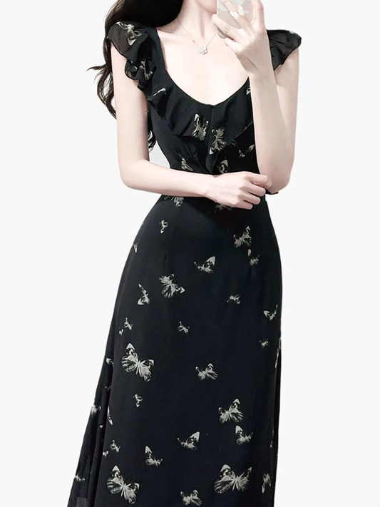 2025 Summer New Black Flying Sleeve Waisted Mid-Length Printed Fishtail Dress R0913