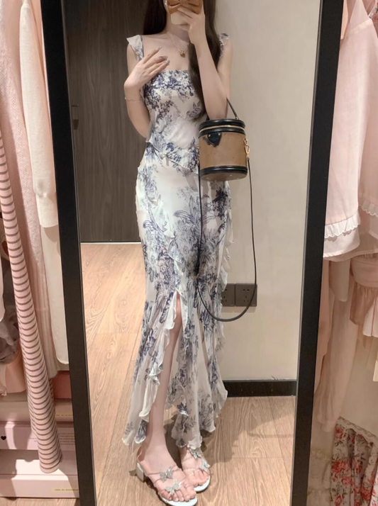 Ink painting suspender dress new style high-end feeling super beautiful tea break French long skirt R0463