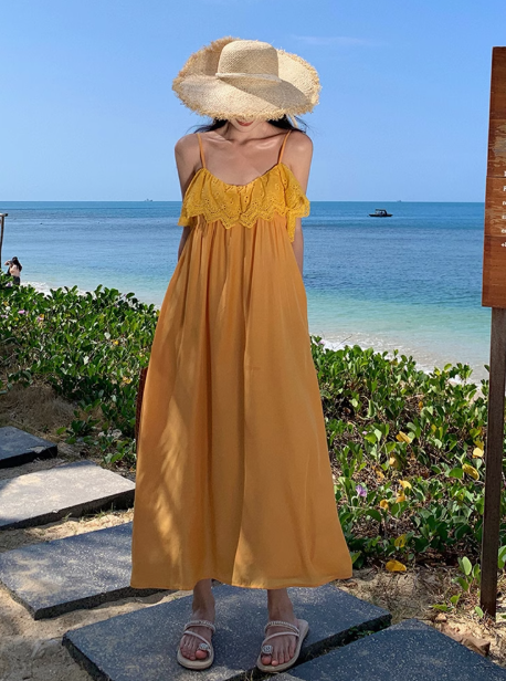 Holiday style warm yellow suspender dress sweet and fresh forest style travel wear long skirt R0225